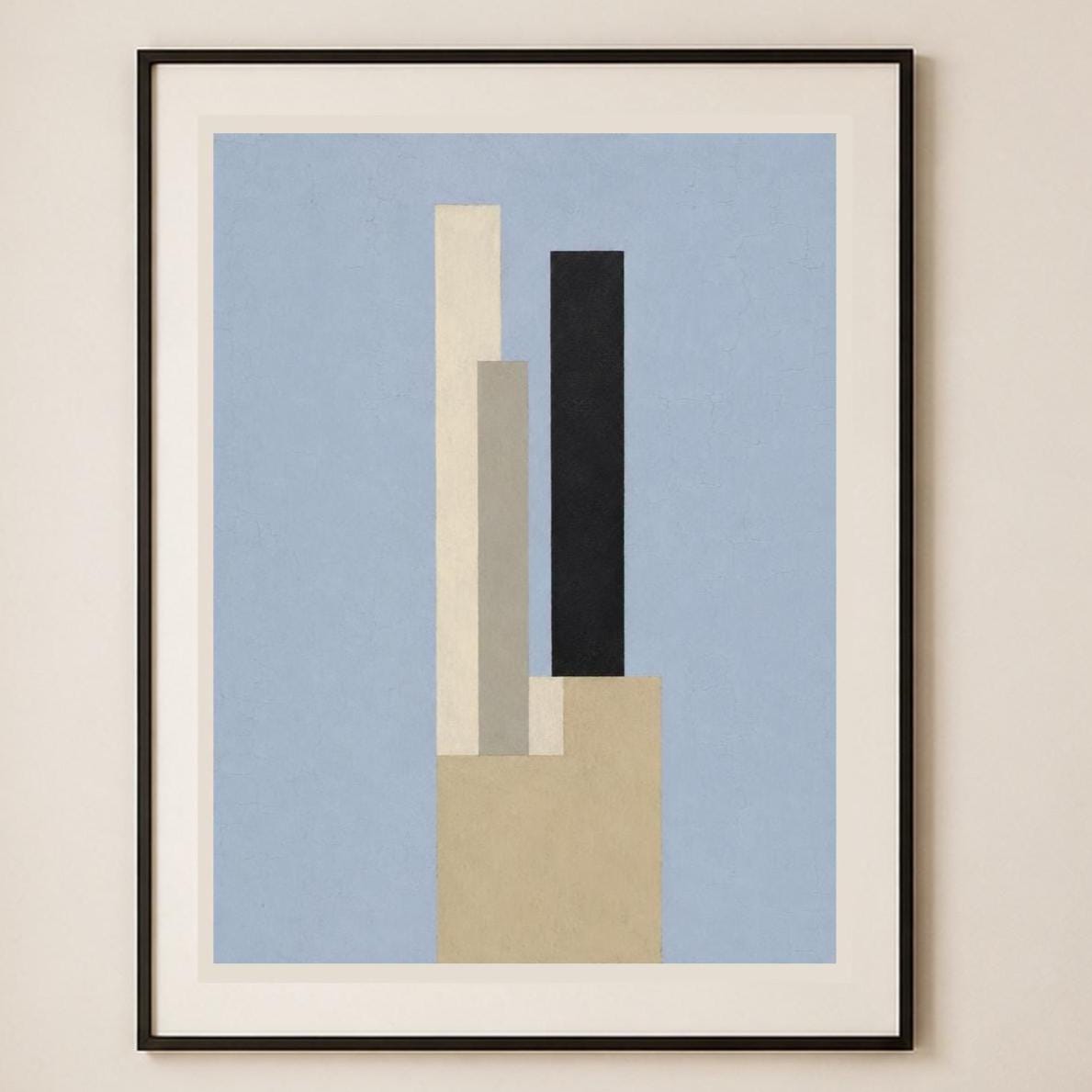Poster digitale con torri geometriche blu e beige, arte minimalista da stampare