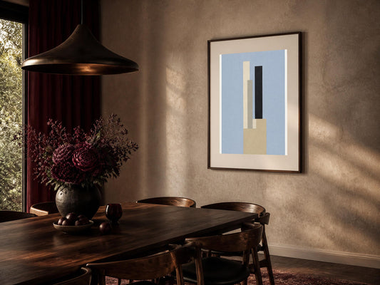 Poster digitale con torri geometriche blu e beige, arte minimalista da stampare
