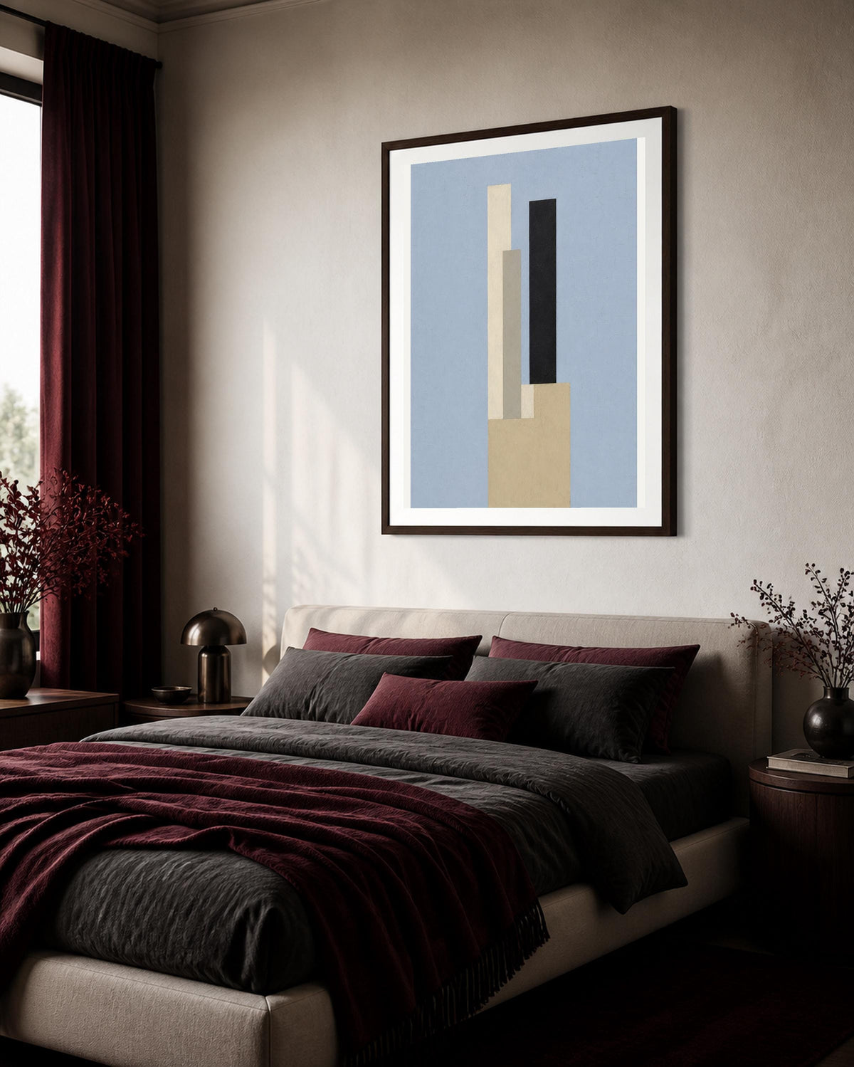 Poster digitale con torri geometriche blu e beige, arte minimalista da stampare