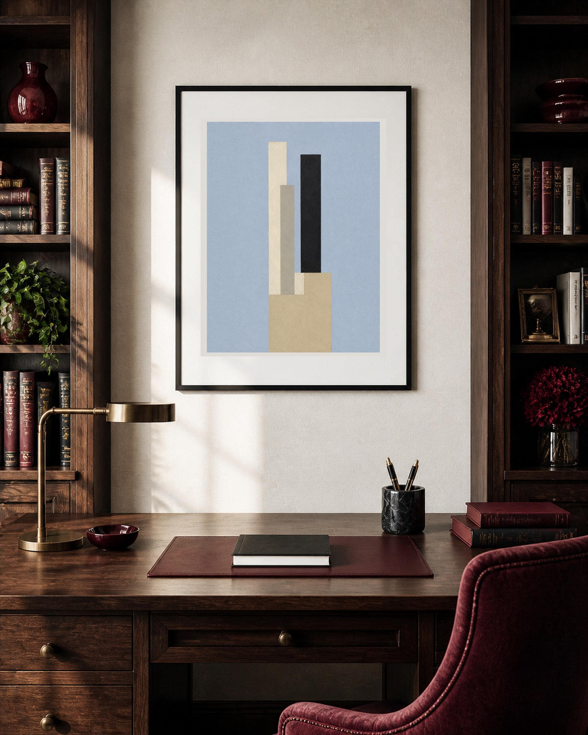 Poster digitale con torri geometriche blu e beige, arte minimalista da stampare