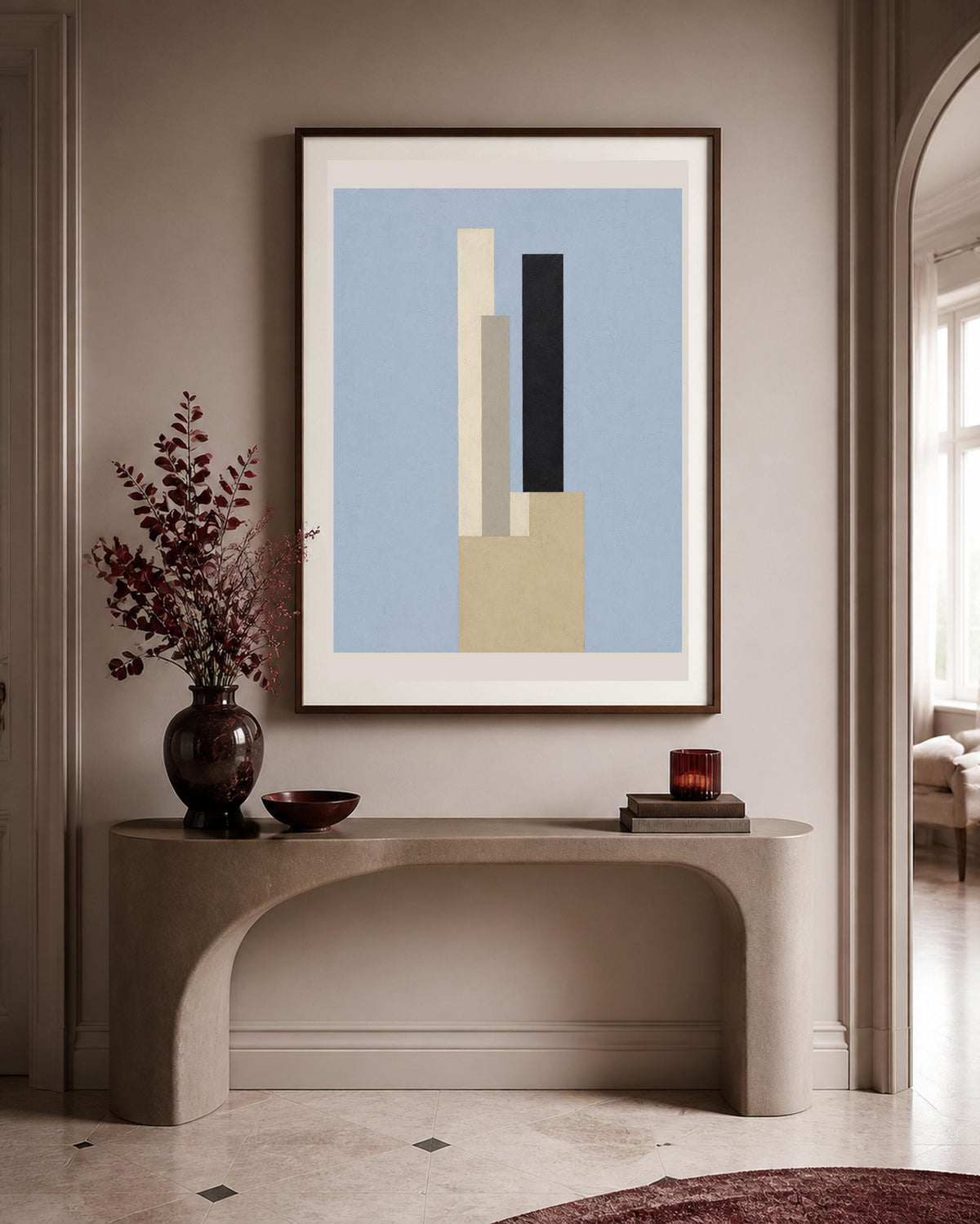 Poster digitale con torri geometriche blu e beige, arte minimalista da stampare
