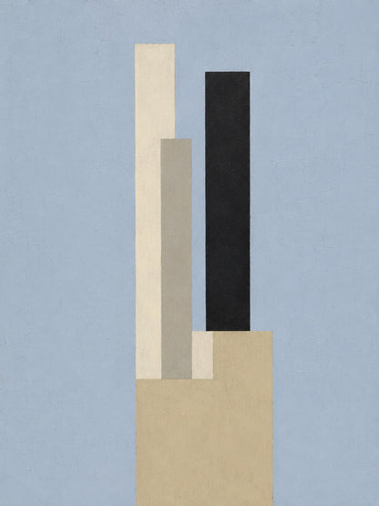Poster digitale con torri geometriche blu e beige, arte minimalista da stampare