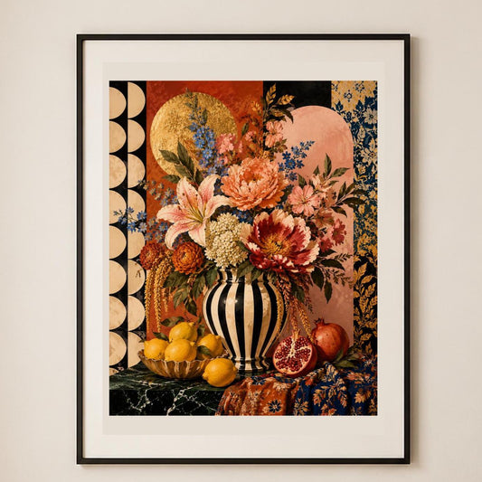Poster digitale vaso fiorito con frutta - Natura Morta Dorata, file da stampare