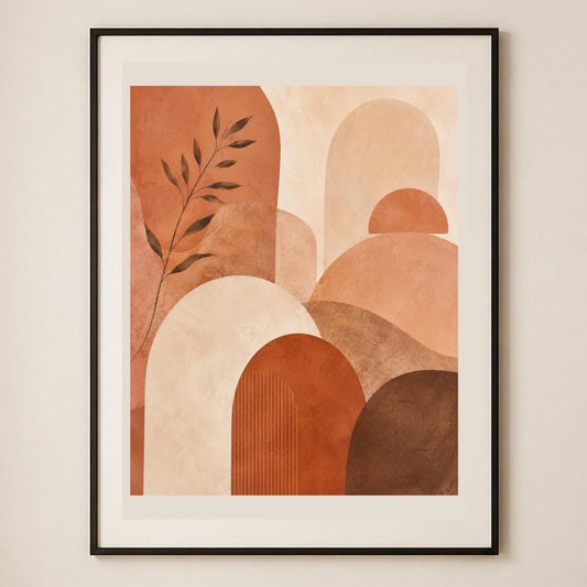 Poster digitale con archi terracotta e beige, arte astratta boho da stampare
