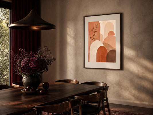 Poster digitale con archi terracotta e beige, arte astratta boho da stampare