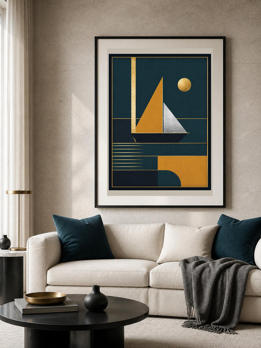Poster digitale composizione art deco blu e oro - Architettura Dorata II, file da stampare