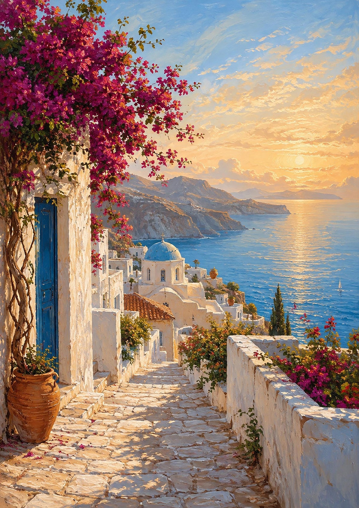 Poster digitale borgo mediterraneo sul mare - Scala verso l'Egeo, file da stampare