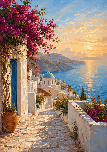 Poster digitale borgo mediterraneo sul mare - Scala verso l'Egeo, file da stampare