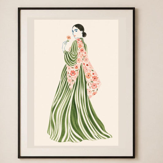 Stampa digitale con donna e fiore, illustrazione di moda ad acquerello
