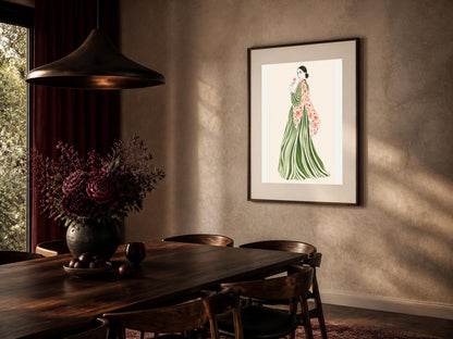 Stampa digitale con donna e fiore, illustrazione di moda ad acquerello