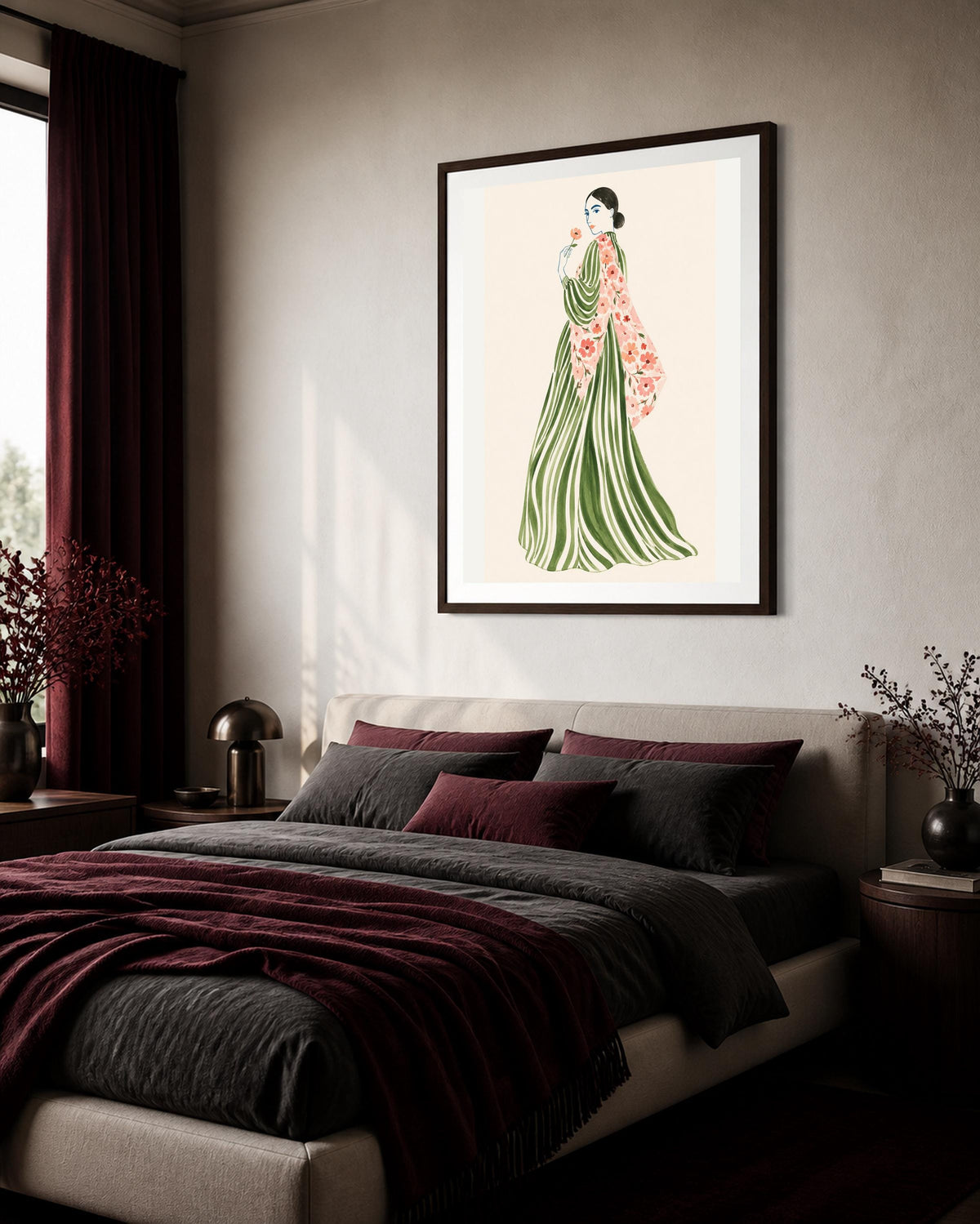 Stampa digitale con donna e fiore, illustrazione di moda ad acquerello