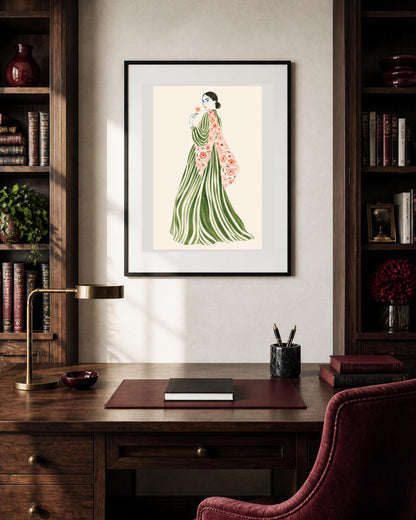 Stampa digitale con donna e fiore, illustrazione di moda ad acquerello