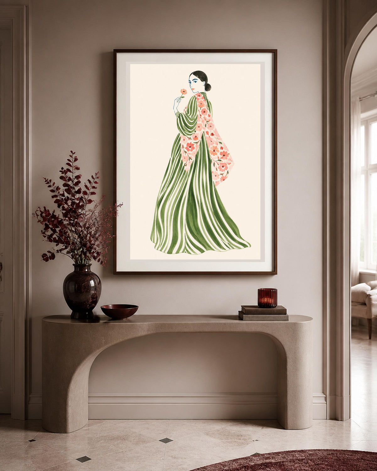 Stampa digitale con donna e fiore, illustrazione di moda ad acquerello
