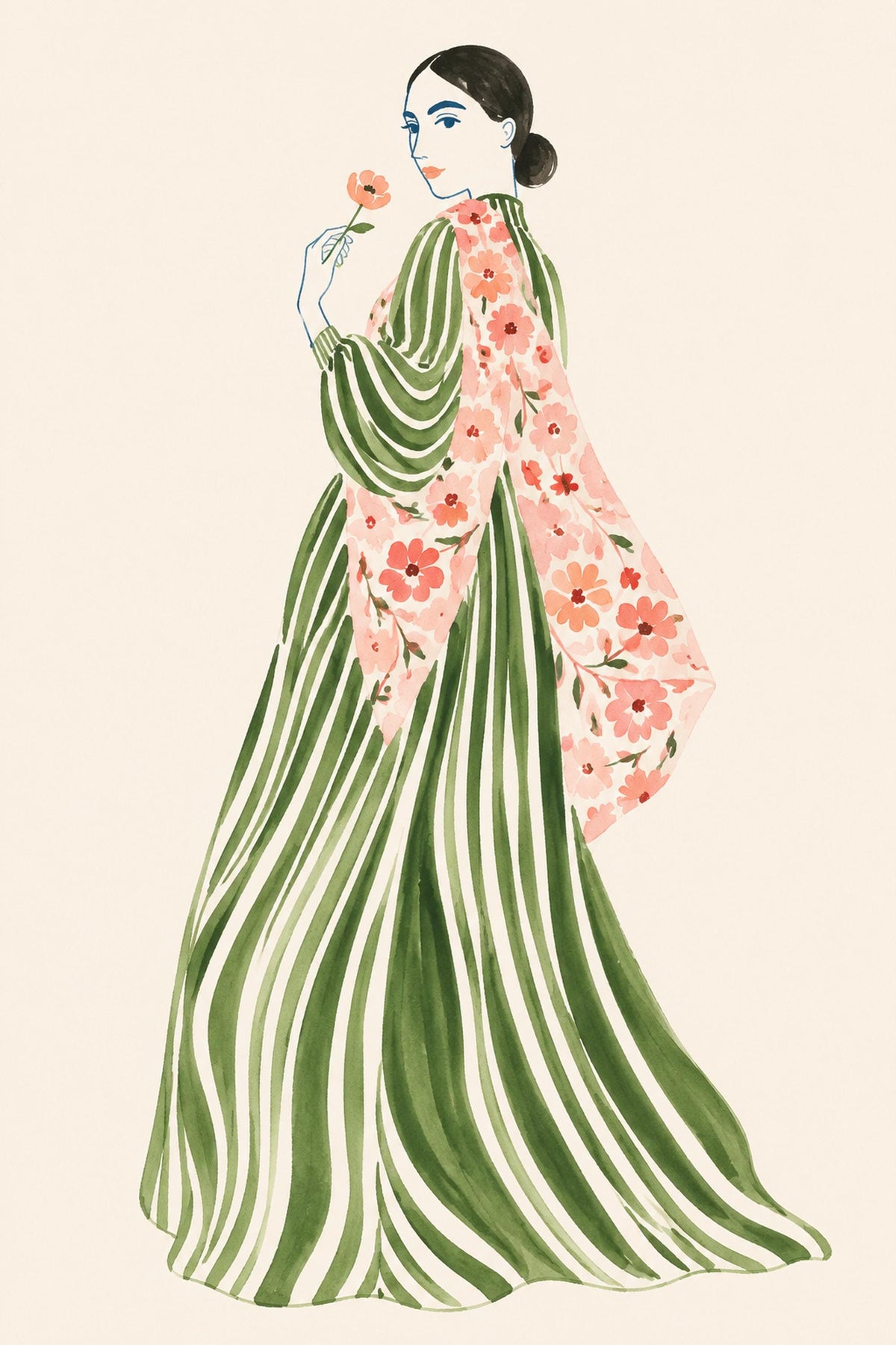 Stampa digitale con donna e fiore, illustrazione di moda ad acquerello