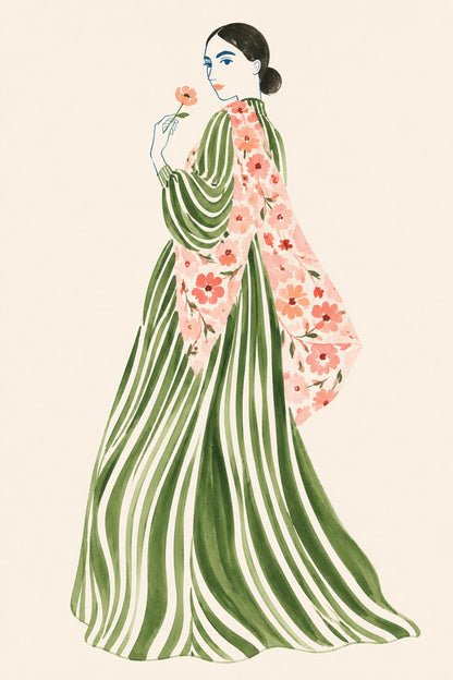Stampa digitale con donna e fiore, illustrazione di moda ad acquerello