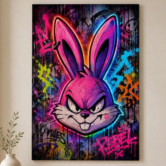Poster digitale volto di coniglio animato in graffiti neon - Coniglio Neon Ribelle, file da stampare