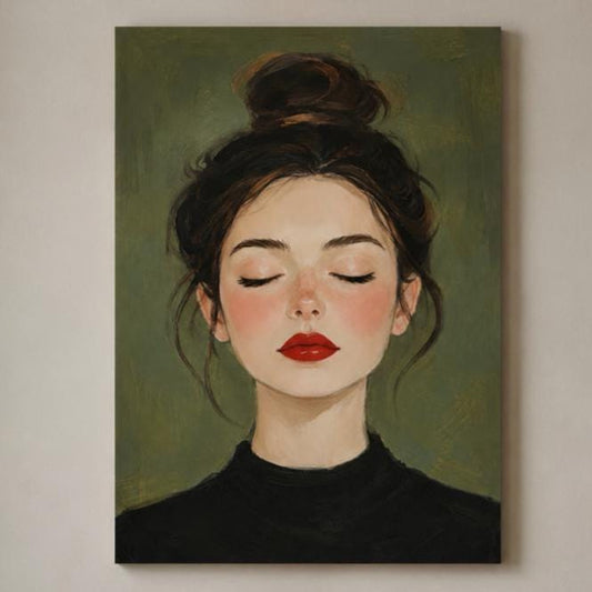 Poster digitale ritratto femminile con occhi chiusi e rossetto rosso - Rossetto Rosso I, file da stampare
