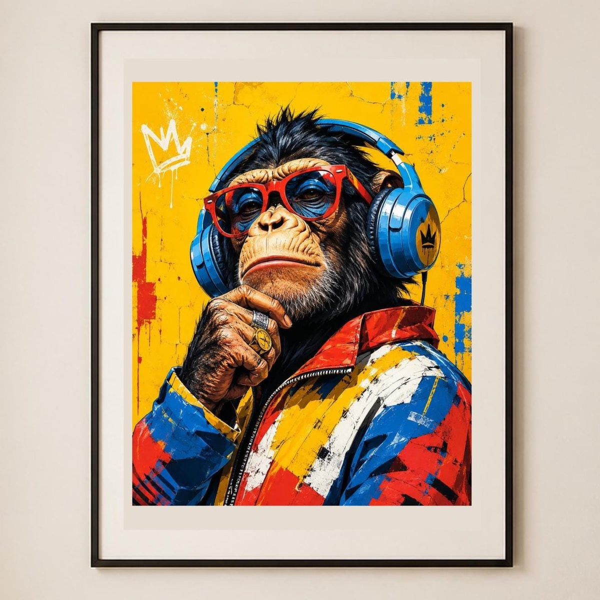 Poster digitale scimpanzé con cuffie e occhiali - Scimmia Beat, file da stampare
