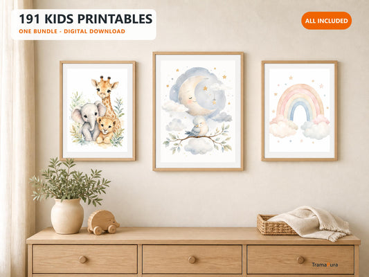 Bundle 191 Stampe Digitali Bambini, Wall Art Cameretta, Animali, Spazio, Dinosauri e Poster Educativi