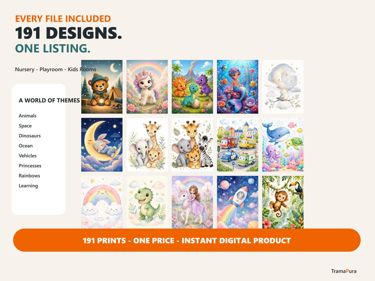 Bundle 191 Stampe Digitali Bambini, Wall Art Cameretta, Animali, Spazio, Dinosauri e Poster Educativi
