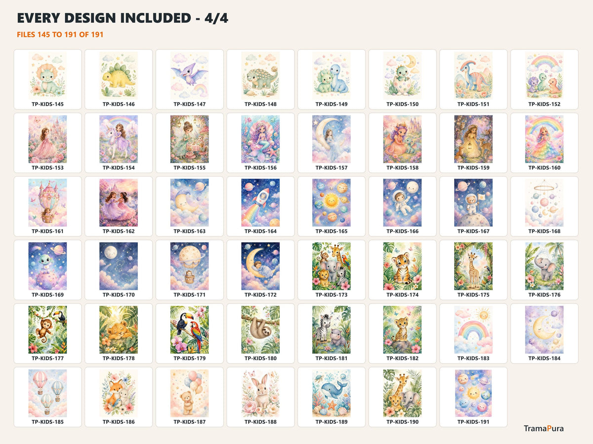 Bundle 191 Stampe Digitali Bambini, Wall Art Cameretta, Animali, Spazio, Dinosauri e Poster Educativi