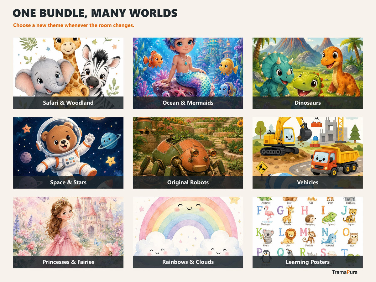 Bundle 191 Stampe Digitali Bambini, Wall Art Cameretta, Animali, Spazio, Dinosauri e Poster Educativi