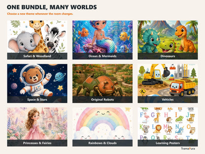 Bundle 191 Stampe Digitali Bambini, Wall Art Cameretta, Animali, Spazio, Dinosauri e Poster Educativi