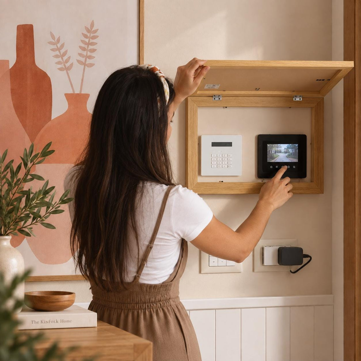 Copricontatore apribile con palme moderne, quadro botanico con cornice o tela