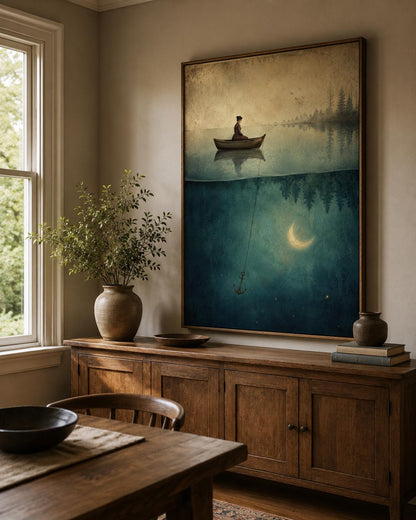 Quadro barca sul lago con luna: vista 4 del prodotto