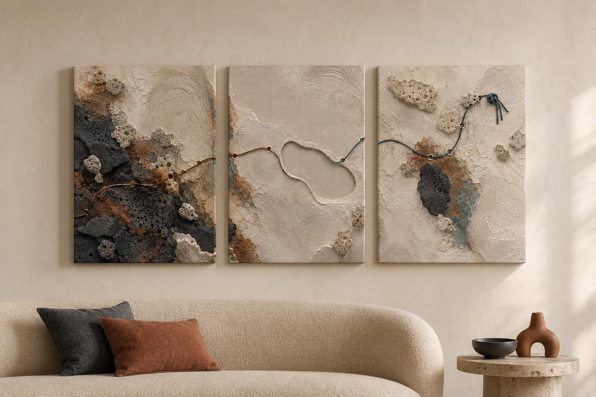 Trittico astratto materico beige e nero – Set di 3 quadri: vista 5 del prodotto