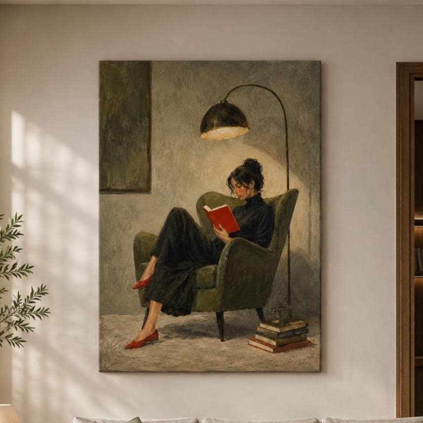 Quadro donna che legge in poltrona: stampa artistica da parete