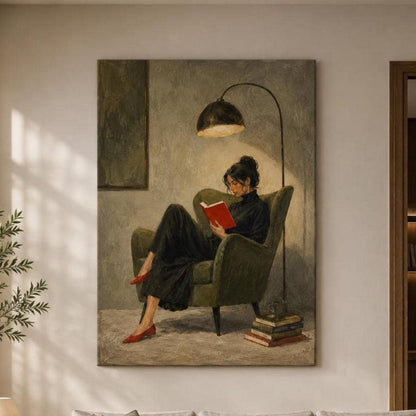 Quadro donna che legge in poltrona: stampa artistica da parete