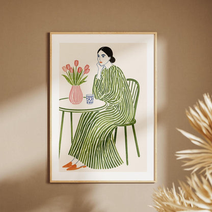 Quadro donna seduta con tulipani: stampa artistica da parete