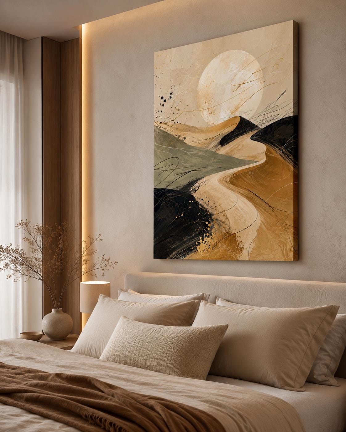 Quadro astratto paesaggio lunare beige e nero: vista 2 del prodotto