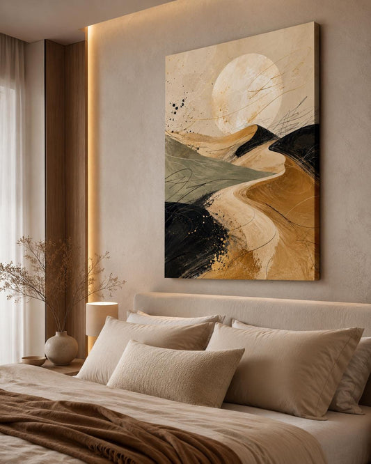Quadro astratto paesaggio lunare beige e nero: vista 2 del prodotto
