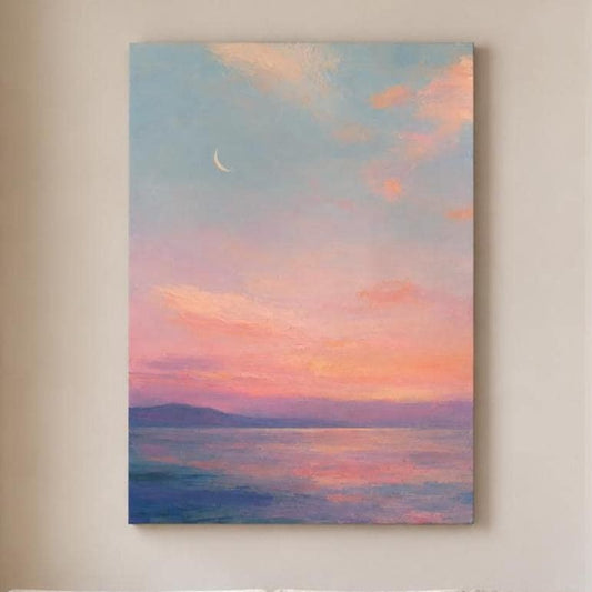 Tramonto Rosa sul Mare con Luna Crescente: stampa artistica da parete