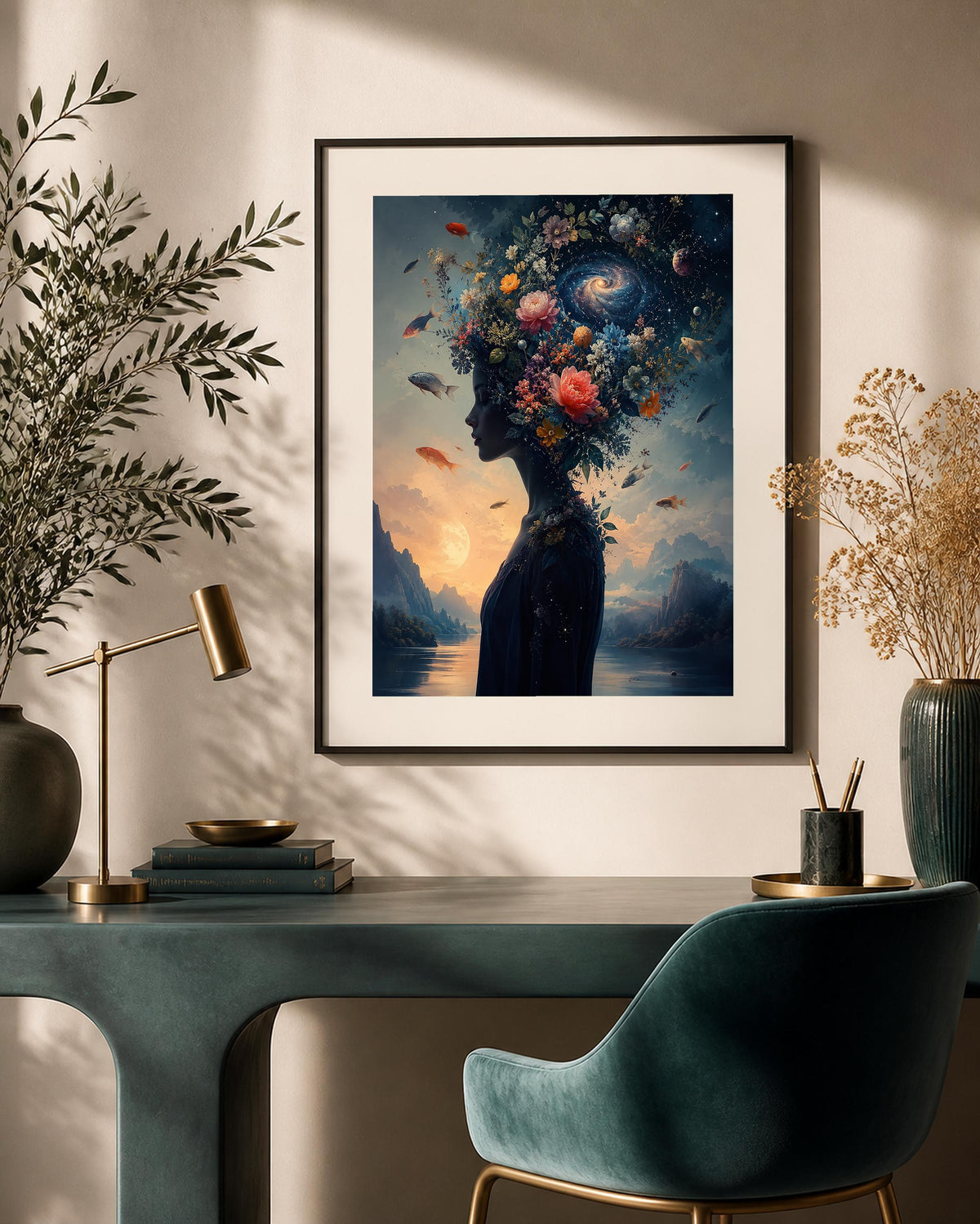 Quadro Cosmo interiore - ritratto cosmico floreale, stampa, tela o cornice con passepartout