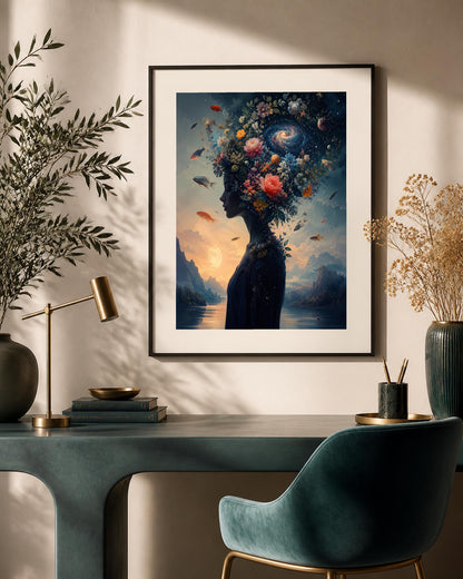Quadro Cosmo interiore - ritratto cosmico floreale, stampa, tela o cornice con passepartout