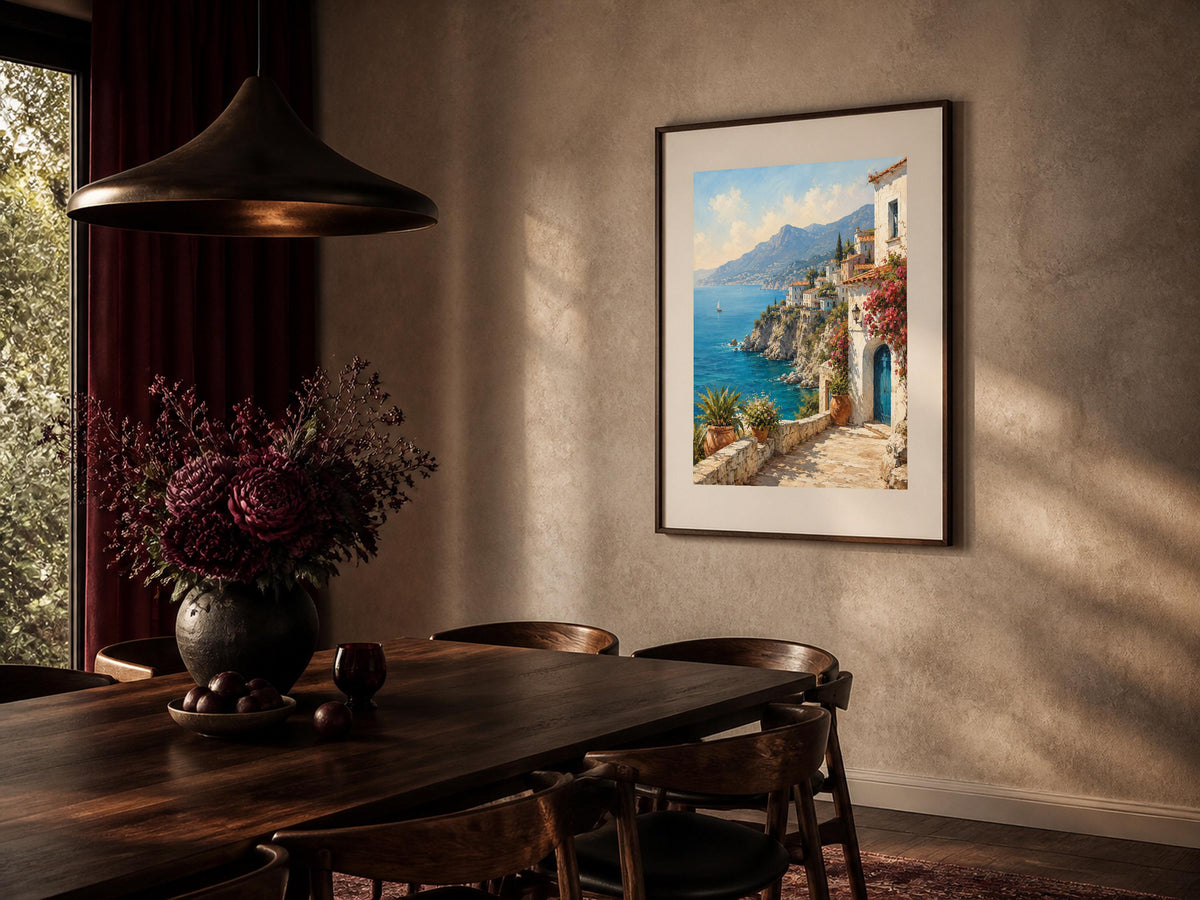 Terrazza sulla Costiera, arte mediterranea — stampa senza cornice, stampa incorniciata o tela