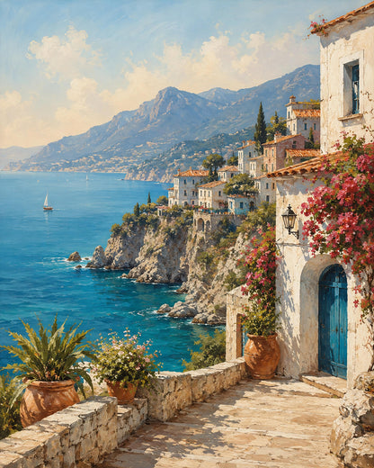 Terrazza sulla Costiera, arte mediterranea — stampa senza cornice, stampa incorniciata o tela