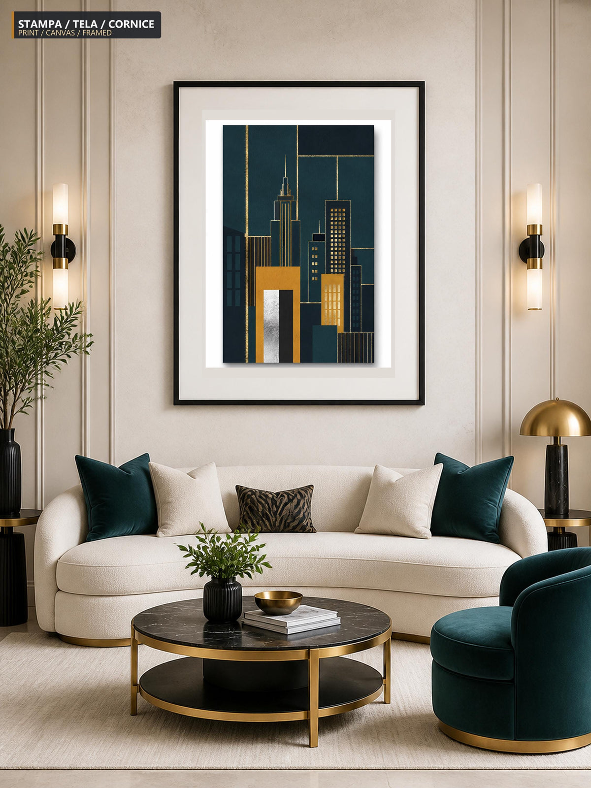 Quadro skyline geometrico Art Deco - Metropoli d'Oro, stampa, tela o cornice