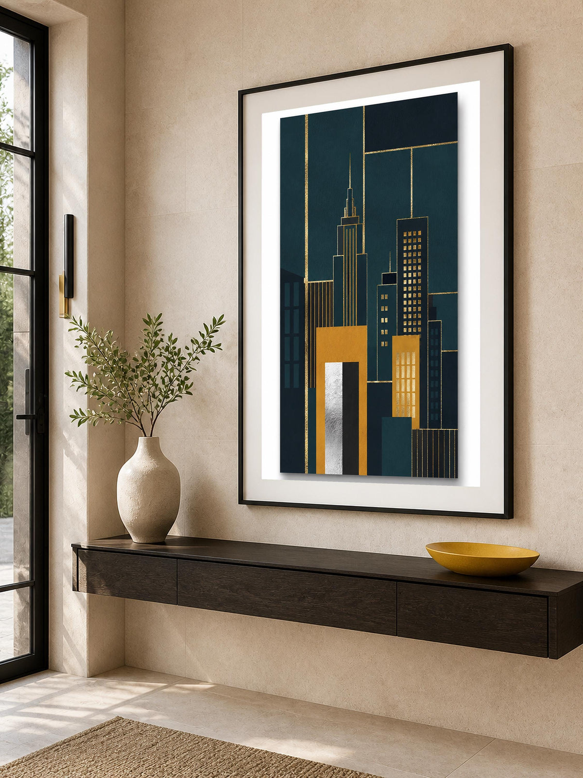 Quadro skyline geometrico Art Deco - Metropoli d'Oro, stampa, tela o cornice