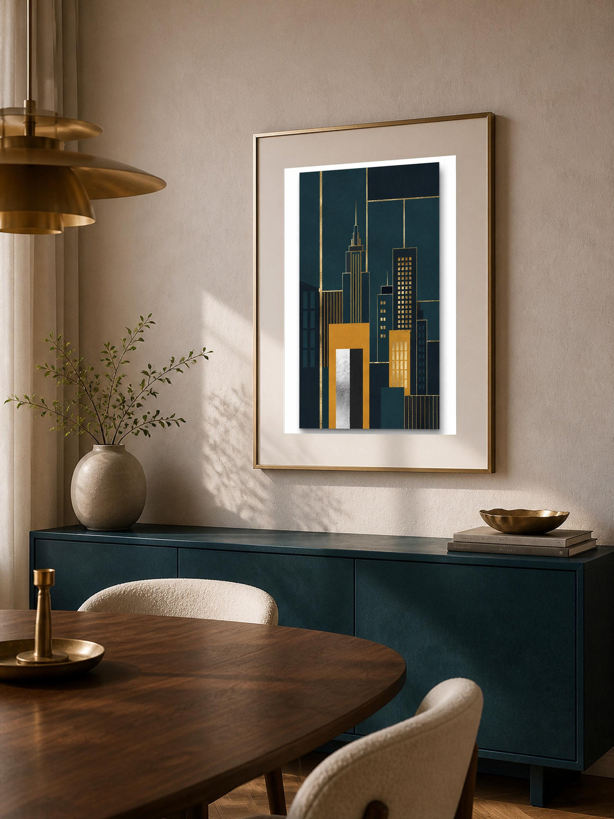 Quadro skyline geometrico Art Deco - Metropoli d'Oro, stampa, tela o cornice