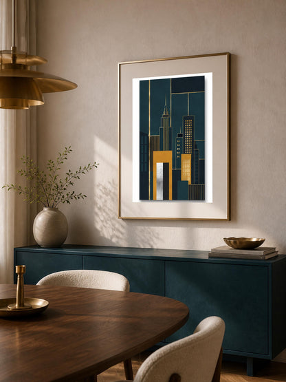 Quadro skyline geometrico Art Deco - Metropoli d'Oro, stampa, tela o cornice