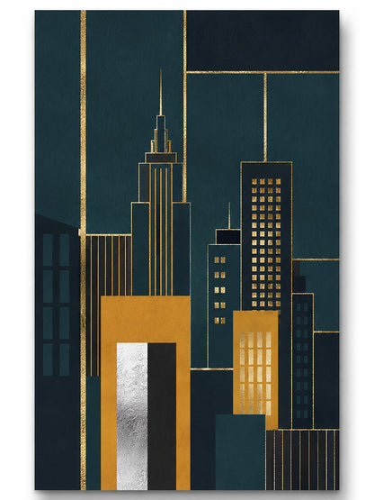 Quadro skyline geometrico Art Deco - Metropoli d'Oro, stampa, tela o cornice