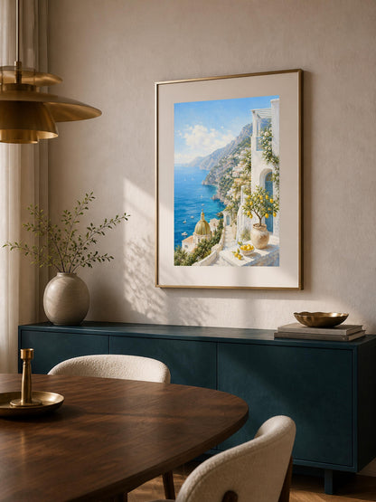 Balcone sulla Costiera, veduta mediterranea — stampa senza cornice, stampa incorniciata o tela