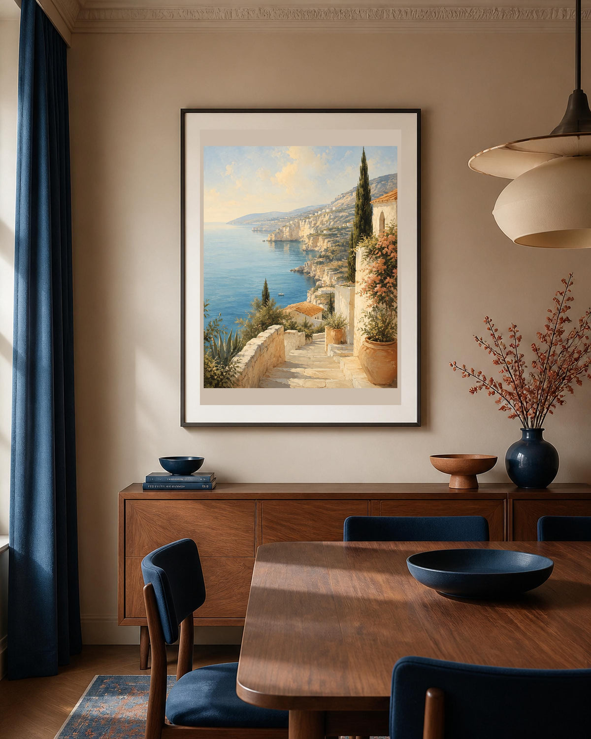 Quadro scalinata mediterranea affacciata sul mare - Sentiero sulla Costiera, stampa, tela o cornice