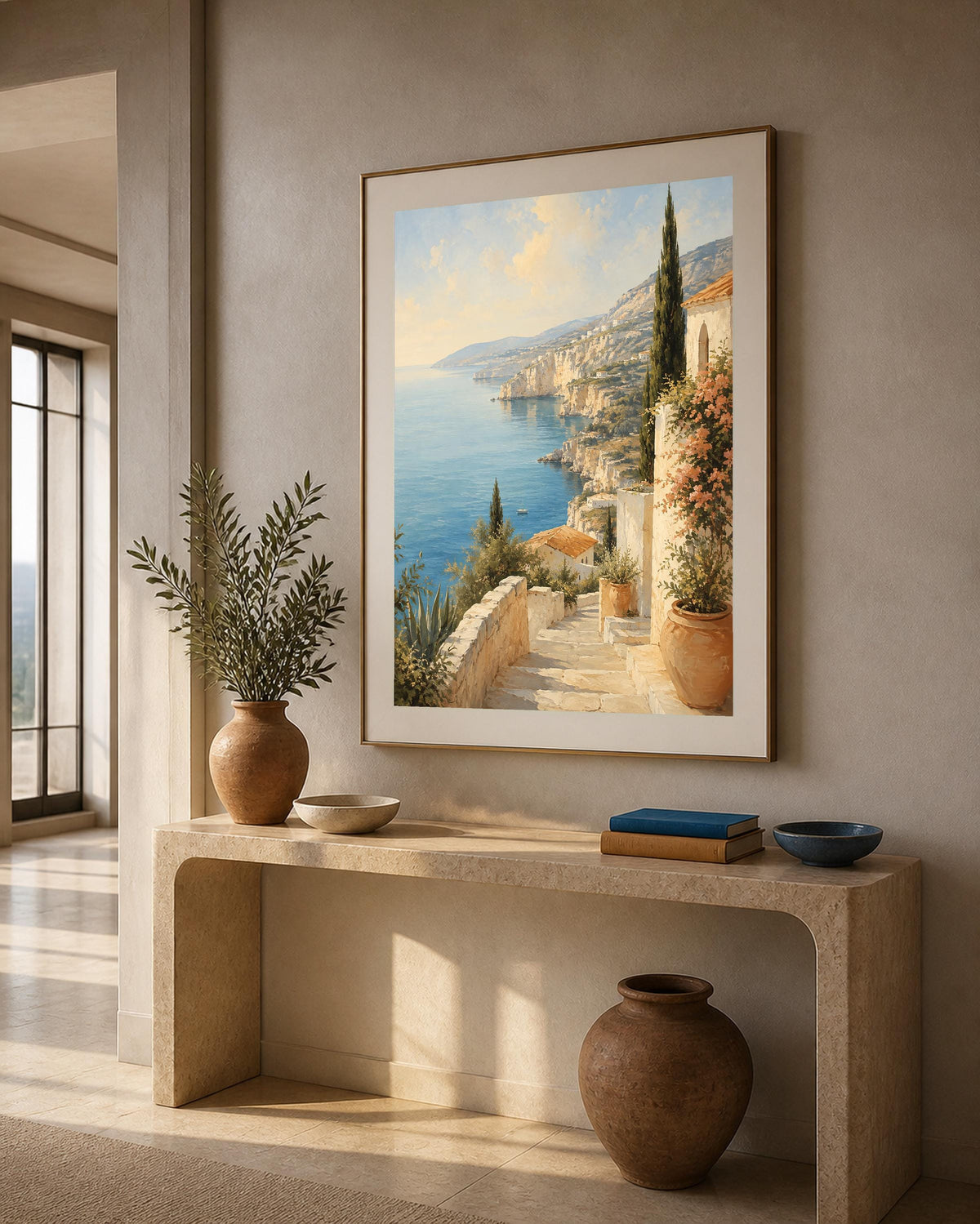 Quadro scalinata mediterranea affacciata sul mare - Sentiero sulla Costiera, stampa, tela o cornice