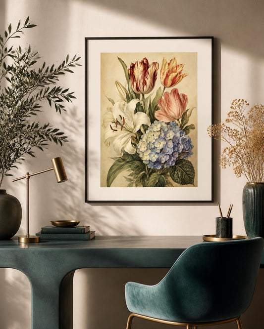 Quadro bouquet botanico vintage - Tulipani e Ortensie, stampa, tela o cornice