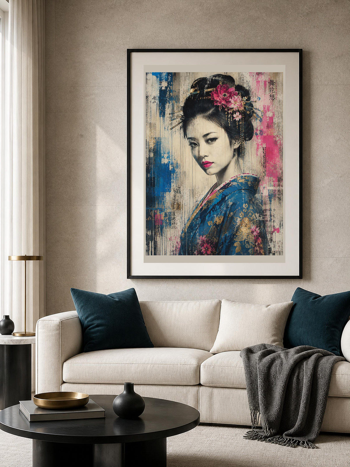 Geisha Contemporanea, ritratto femminile con fiori — stampa senza cornice, stampa incorniciata o tela
